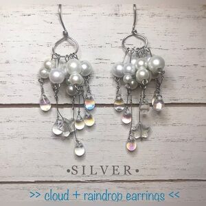 New* Silver wire, Pearl Bead, Cloud + Rain drops Earrings. Handmade BOGO 50% off